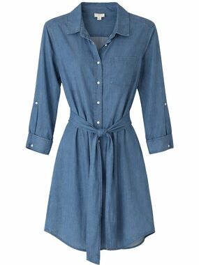 St. John's Bay Blue Denim Belted Shirt Dress Casual Western Button Front Size L